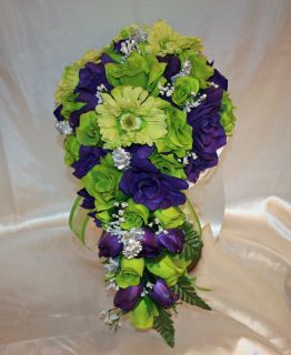 Purple Green Gerbera Daisy Bridal Bouquet Silk Wedding Flowers 21 PC