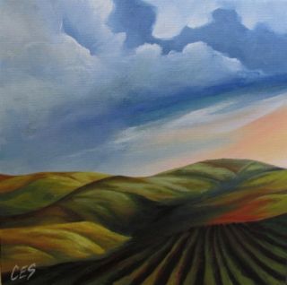 Original Daily Painting CES Landscape Nfac Earth Hills Farm Field Sky
