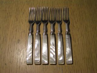 Set 6 Antique Mother of Pearl Shell Handle Dining Forks Silver Plated