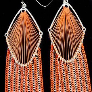 Thread Woven Orange Gold Long Chain Link Dangle Hook Earrings Jewelry