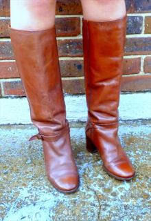 Vintage Tan Leather Boots 6 Slouch Knee High Cavalier 70s 80s Pull On