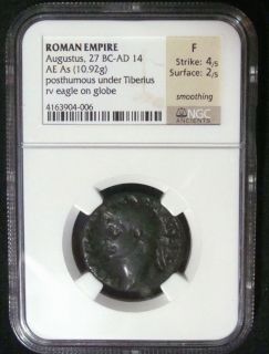 ROMAN EMPIRE DIVUS AUGUSTUS 27 BC 14 AD AE As BY TIBERIUS NGC F