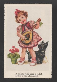  year 1957 postcard LOVELY GIRL & MUSIC FADO guitar FADOS & DOG TERRIER
