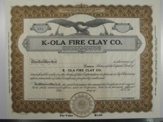 Ola Fire Clay Co Nevada Stock Certificate