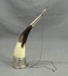  STERLING SILVER HUNTER HUNTING BLACK POWDER FLASK DRINKING COW HORN
