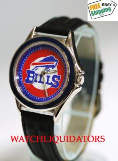  bills logo team watch silvertone case genuine black leather wrist band