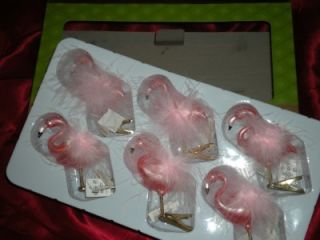 Six Clip on Pink Flamingo Christmas Glass Ornaments