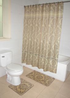 Beige Floral Damask Pattern Bathroom Shower Curtain Bath Contour Rug