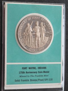 FORT WAYNE INDIANA 175TH ANNIVERSARY BRONZE MEDAL FRANKLIN MINT C0753