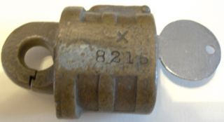 1890s RPO lock padlock w/ key cast brass cast bronze rotating shackle
