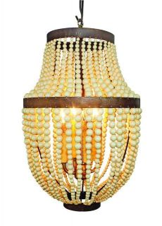 AWESOME GOLD IRON CREAM WOODEN BEADS 4 LIGHT CHANDELIER 20TALL