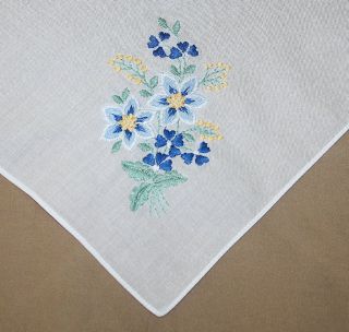 Ladies Embroidered Blue Flowers Hankie Handkerchief