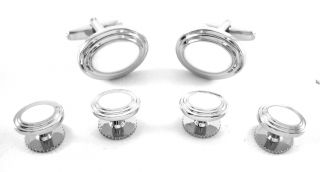 Silver White Layered Oval Formal Cufflinks Studs Sets