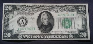 1934B Vinson $20 Boston FRN   AU (rare bank per pop. data)