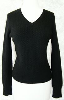 Forte Soft Black 100 Cashmere Cableknit Sweater M V Neck Long Sleeve