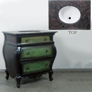 French Bath Vanity Solid Mahogany w Green Black Stain Rub Granite Top