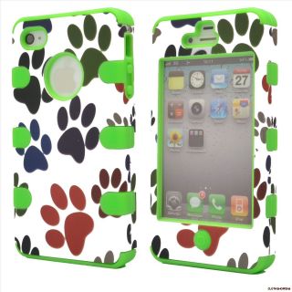 Dog Footprint Rugged Green Silicone Case Cover for Apple iPhone 4 4S