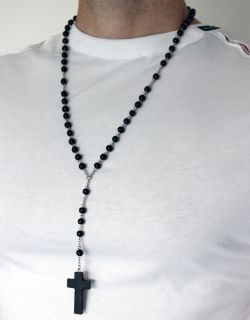  Black Plated Bead Crucifix Cross Pendant Chain Long Necklace