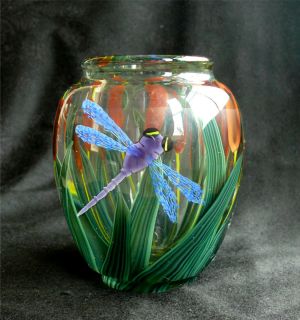 Signed Steven Lundberg Art Glass Paperweight Vase w Dragonfly Cattails