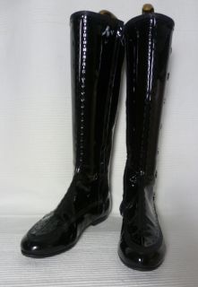 French Sole Black Patent Leather Scallop Button Detail Flat Knee High