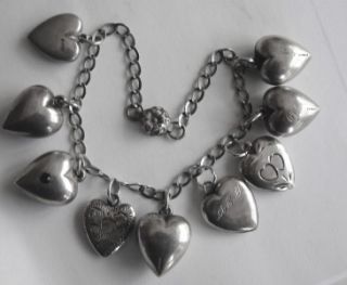 Vintage Sterling Silver Puffy Heart Bracelet with 9 Charms