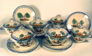 Lot 6 Antique French Faience Lidded French Onion Soup Bowls w Saucers