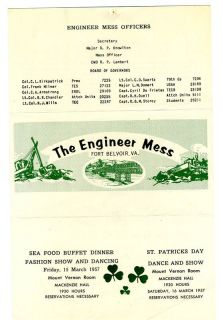 Mess Menu Monthly Schedule March 1957 Fort Belvoir Virginia
