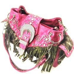   Camouflage Print Pink Trim Rhinestone Buckle Fringe Handbag Purse