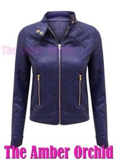 New Ladies Quilted PVC Zip Up Biker Jacket Womens Faux Leather PU Coat