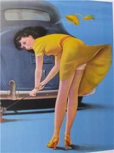Art Frahm Pin Up Girl with Flat Tire 1940 Car Windy WOW