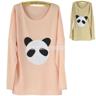 New Pink Beige Korea Women Casual Loose Animal Panda Print Sweater