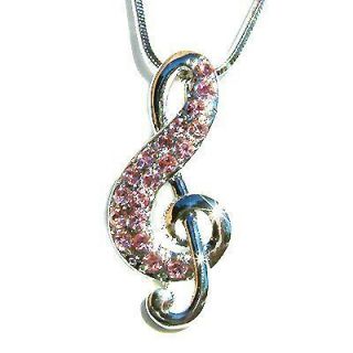  Crystal Treble G Clef Music Note Musical Charm Pendant Necklace