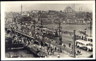 Turkey Istanbul Galata KÖPRÜSÜ Car Bus Tram 1950s RPPC