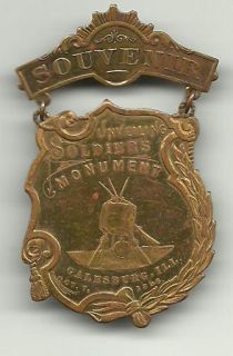 Galesburg IL Illinois Pin Back 1896 Badge Medal Civil War Monument