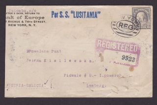  Lusitania carried Cover 1914 Registered NY to Austria Galicia UNIQUE