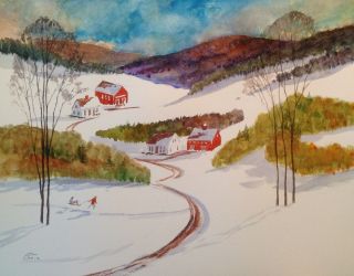 Around the Bend Vermont  FARM SNOW SCENE BARN New 11 x 14 Watercolor