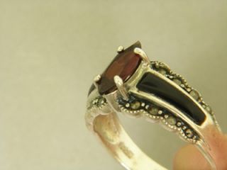  Black Onyx Garnet Marcasite Sz 7 Art Deco Style Vintage Ring