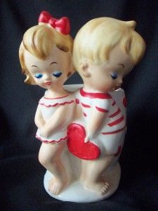 Vintage 1950s Geo Z Lefton Girl Boy Heart Valentine Planter Headvase