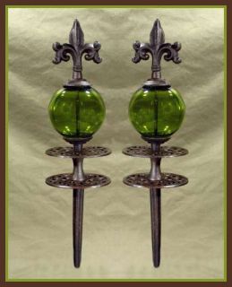 Fleur de Lis Green Glass Globe Cast Iron Garden Hose Guides