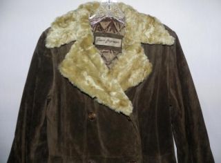 REM Garson Mod Suede Leather Faux Fur DB 3 4 Coat Long Jacket Brown M