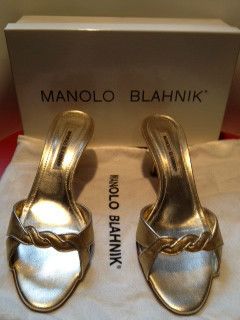 MANOLO BLAHNIK SATIN GOLD SLIDES MULES HIGH HEELS retail 415 210 with