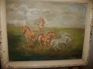 Vintage Oil Painting Horses J E Goodall Frightened Horses 1964 on