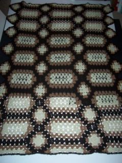Crocheted Granny Square Afghan Throw Blanket Brown Tan Cream