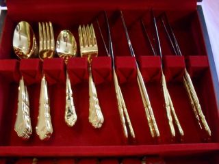 Monogramed M Gold Plated Flatware w Napkin Rings