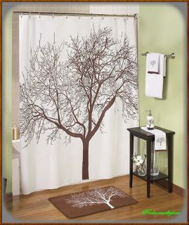   GRAPHIC WINTER BROWN MOCHA WHITE FABRIC TREE BRANCH SHOWER CURTAIN