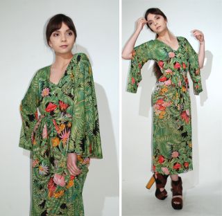 draped vintage 60s 70s green forest goddess floral sheer georgette