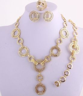 Greek Design Gold Plated Necklace Bracelet Earring Ring Set Rhinestone