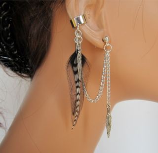  Original Ear Cuff Black and Grizzly Feather Chains Earcuff