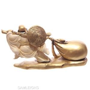 Cream Gold Chinese Buddha Pulling A Money Sack with Right Hand BUD15B