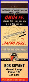 1951 Bob Bryant Ford Matchcover Grand Ledge